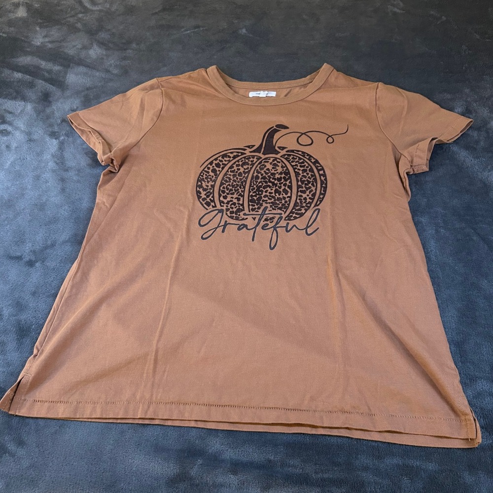 Maurice's Grateful Pumpkin Leopard Print Fall T-Shirt SS Brown Womens Medium